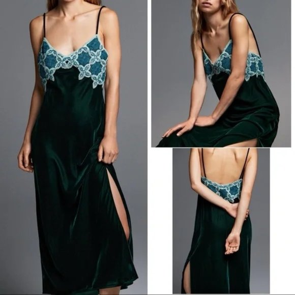 Zara Dresses & Skirts - NEW Zara Green Velvet Crochet Strap Dress Women's L